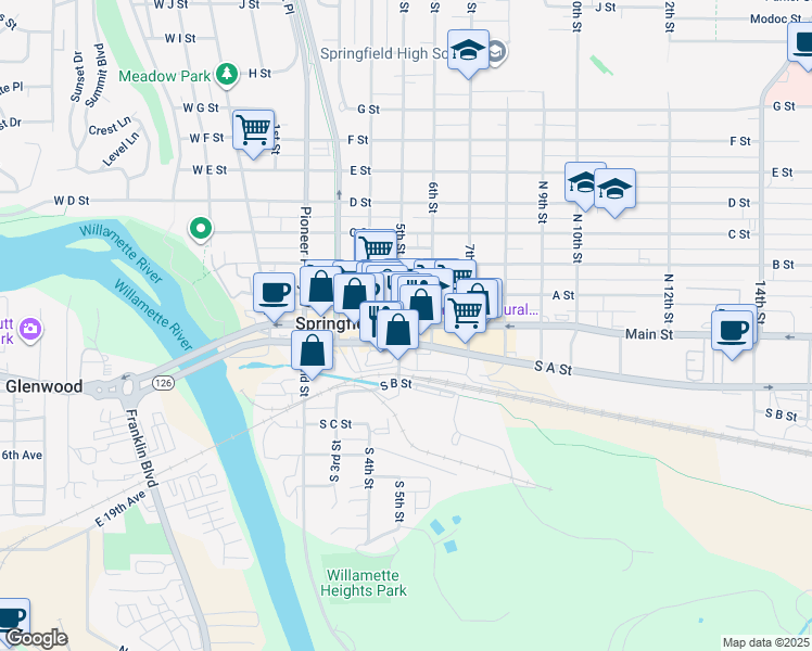 map of restaurants, bars, coffee shops, grocery stores, and more near 501 Main Street in Springfield