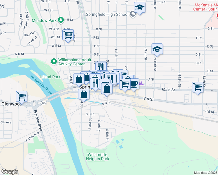 map of restaurants, bars, coffee shops, grocery stores, and more near 501 Main Street in Springfield