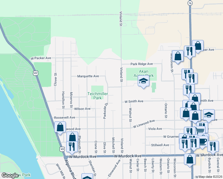 map of restaurants, bars, coffee shops, grocery stores, and more near 320 Parkside Court West in Oshkosh