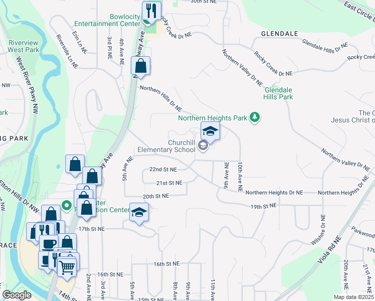 map of restaurants, bars, coffee shops, grocery stores, and more near 640 23rd St NE in Rochester