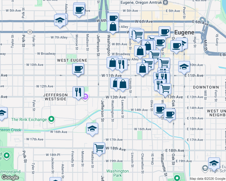 map of restaurants, bars, coffee shops, grocery stores, and more near 1258 Washington Street in Eugene