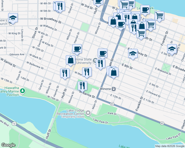 map of restaurants, bars, coffee shops, grocery stores, and more near 175 West Mark Street in Winona