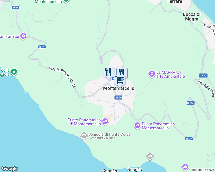 map of restaurants, bars, coffee shops, grocery stores, and more near 2A Via Nuova in Montemarcello