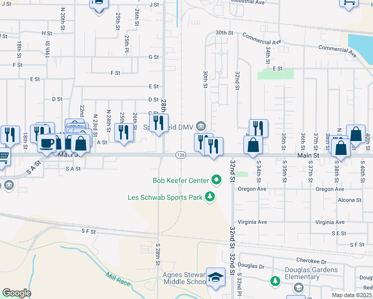 map of restaurants, bars, coffee shops, grocery stores, and more near 3000 Main Street in Springfield
