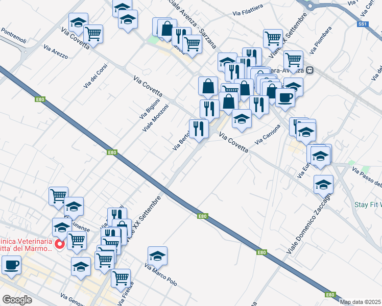 map of restaurants, bars, coffee shops, grocery stores, and more near 245B Viale XX Settembre in Carrara