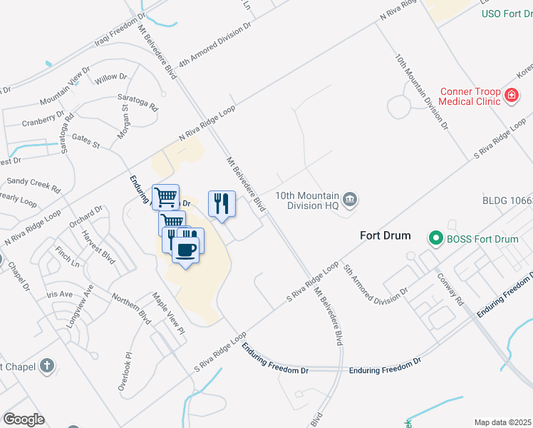 map of restaurants, bars, coffee shops, grocery stores, and more near Mount Belvedere Boulevard in Fort Drum
