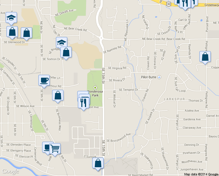 map of restaurants, bars, coffee shops, grocery stores, and more near 353 Southeast Wildcat Drive in Bend