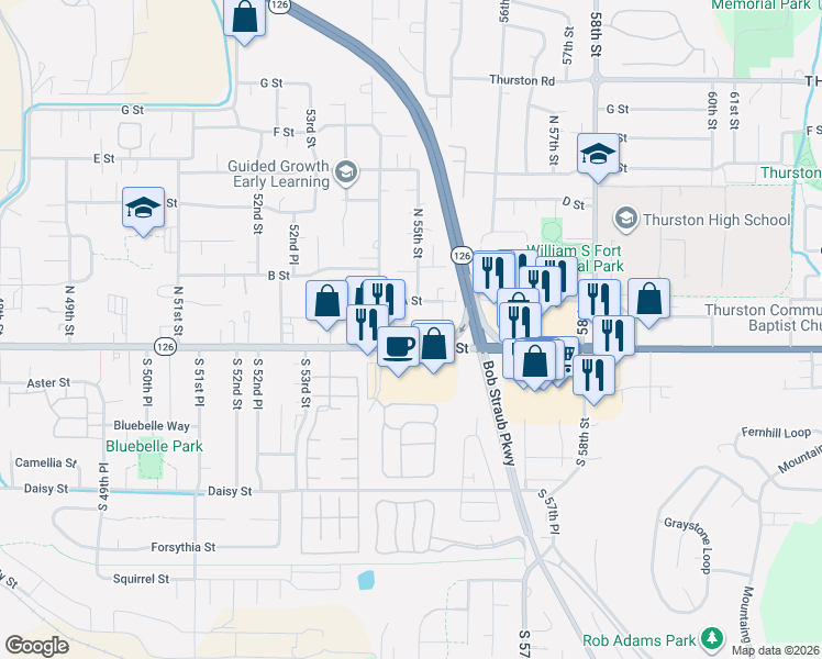 map of restaurants, bars, coffee shops, grocery stores, and more near 5495 A Street in Springfield