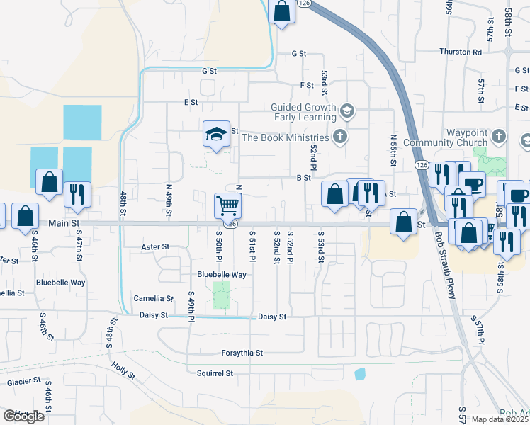 map of restaurants, bars, coffee shops, grocery stores, and more near 5150 Main Street in Springfield