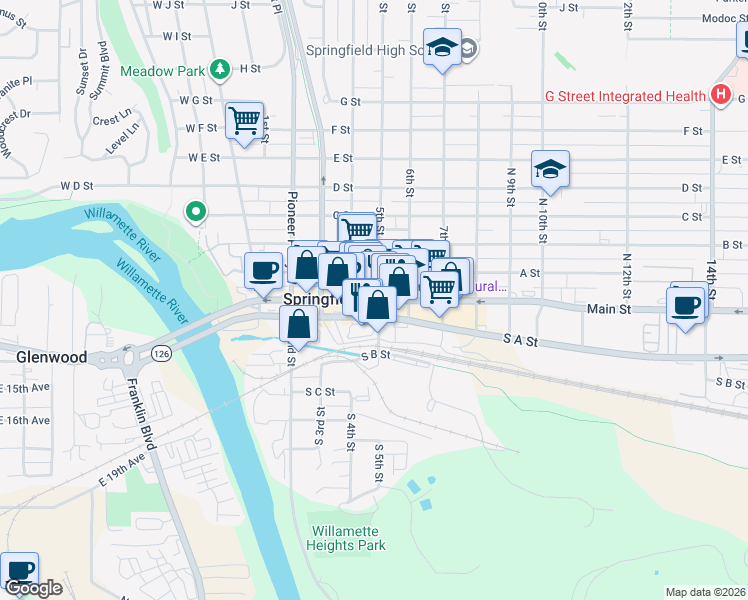 map of restaurants, bars, coffee shops, grocery stores, and more near 500 Main Street in Springfield