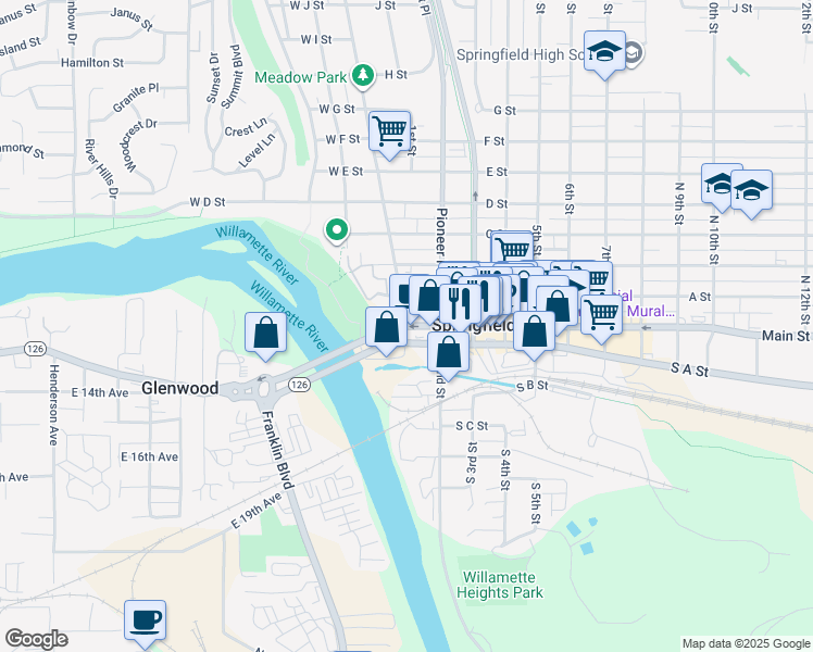 map of restaurants, bars, coffee shops, grocery stores, and more near 151 Main Street in Springfield