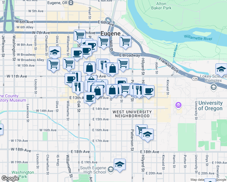 map of restaurants, bars, coffee shops, grocery stores, and more near 1312 Mill Street in Eugene