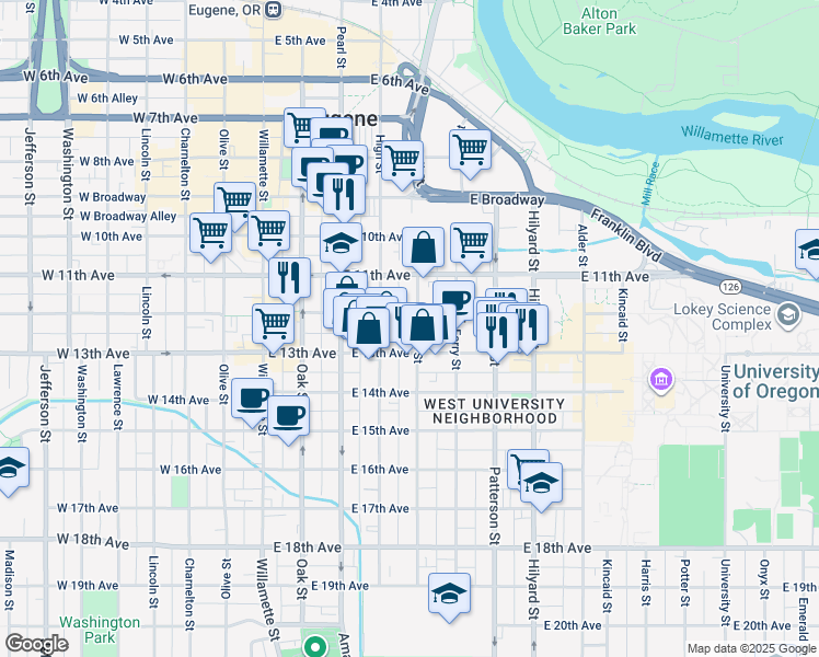 map of restaurants, bars, coffee shops, grocery stores, and more near 1312 Mill Street in Eugene