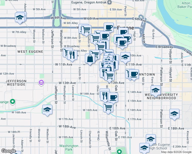 map of restaurants, bars, coffee shops, grocery stores, and more near 1298 Olive Street in Eugene