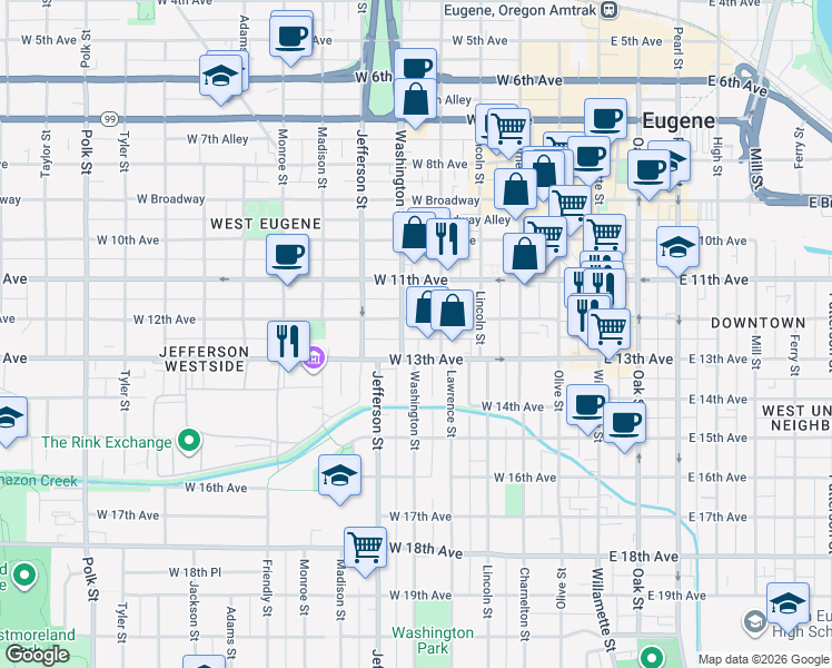 map of restaurants, bars, coffee shops, grocery stores, and more near 1258 Washington Street in Eugene