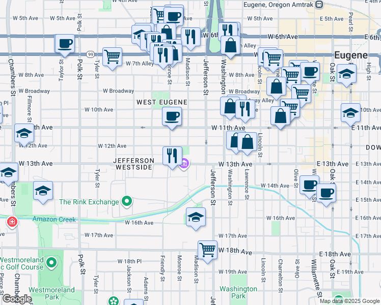 map of restaurants, bars, coffee shops, grocery stores, and more near 689 West 13th Avenue in Eugene