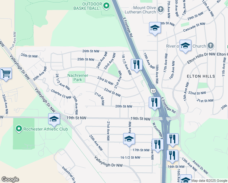 map of restaurants, bars, coffee shops, grocery stores, and more near 2015 22nd Street Northwest in Rochester
