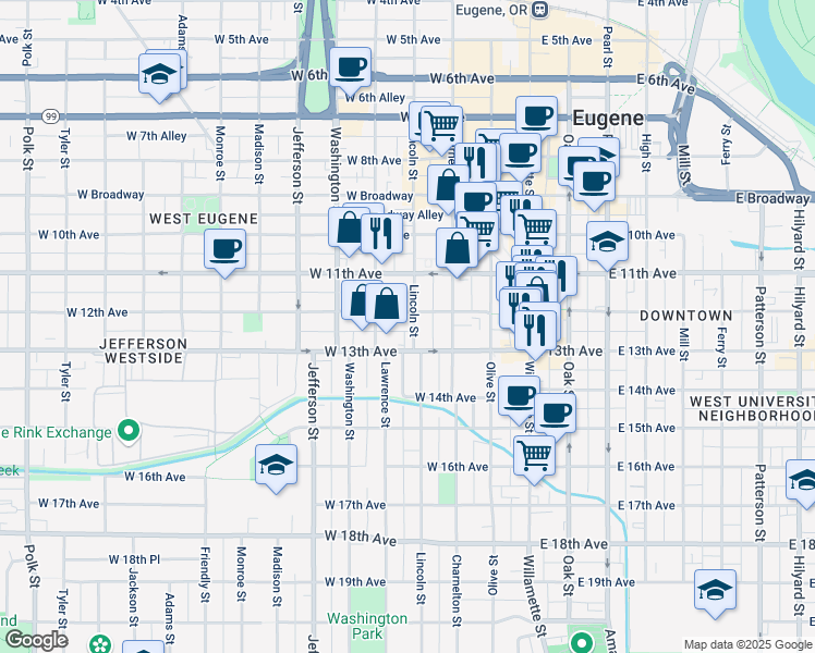 map of restaurants, bars, coffee shops, grocery stores, and more near 325 West 13th Avenue in Eugene