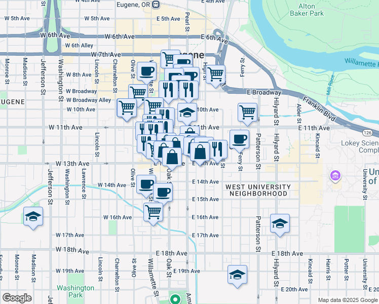 map of restaurants, bars, coffee shops, grocery stores, and more near 1264 Pearl Street in Eugene