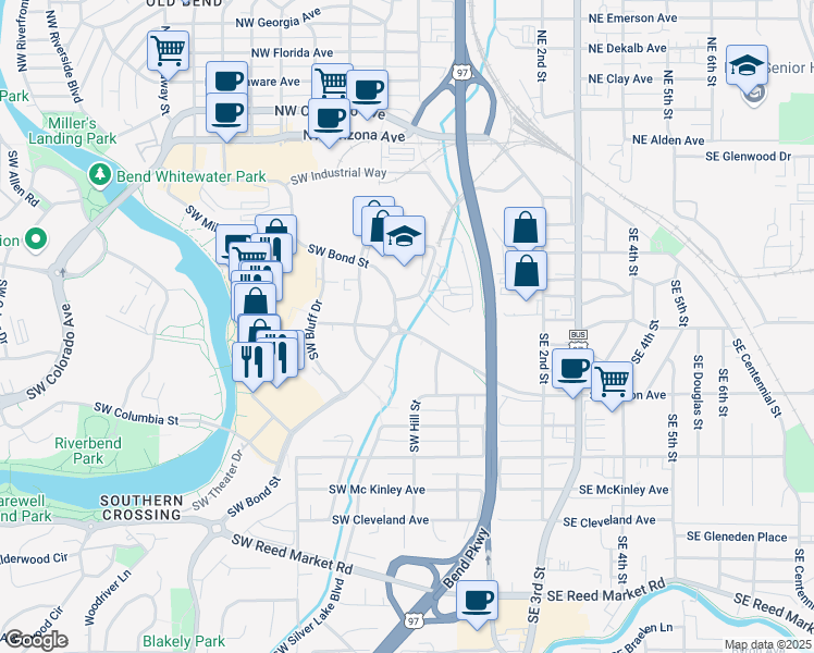 map of restaurants, bars, coffee shops, grocery stores, and more near 36 Southwest Bond Street in Bend