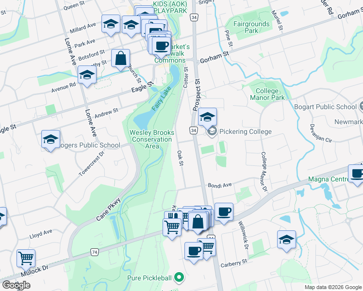 map of restaurants, bars, coffee shops, grocery stores, and more near 400 Oak Street in Newmarket