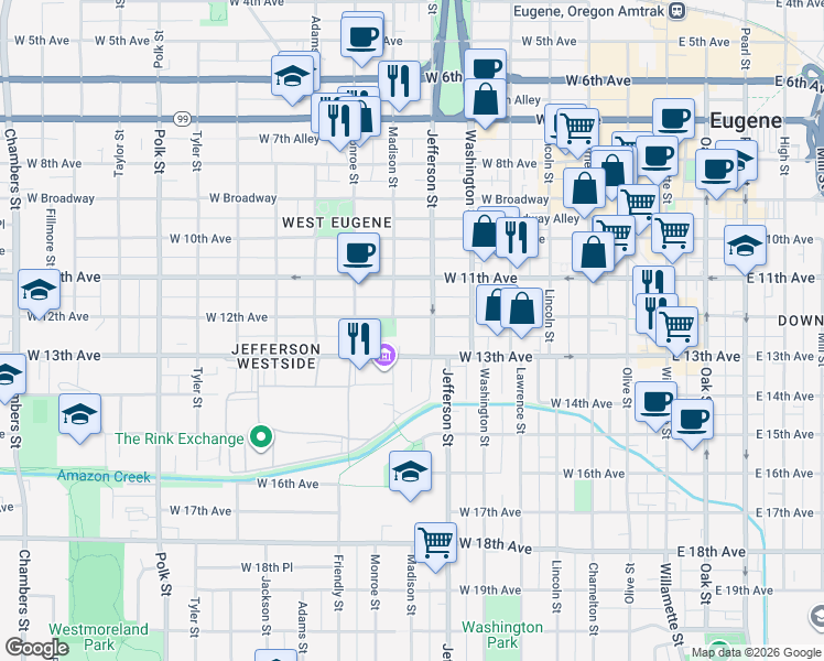 map of restaurants, bars, coffee shops, grocery stores, and more near 1259 Jefferson Street in Eugene