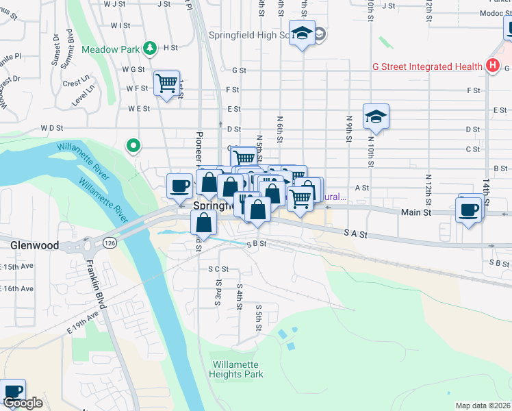 map of restaurants, bars, coffee shops, grocery stores, and more near 500 Main Street in Springfield