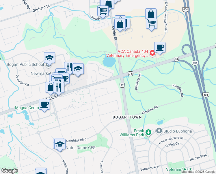 map of restaurants, bars, coffee shops, grocery stores, and more near 488 Foxcroft Boulevard in Newmarket