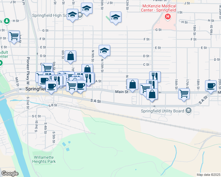 map of restaurants, bars, coffee shops, grocery stores, and more near 1072 Main Street in Springfield