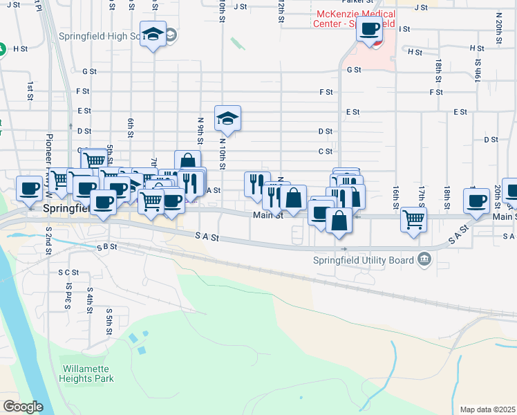 map of restaurants, bars, coffee shops, grocery stores, and more near 1124 Main Street in Springfield