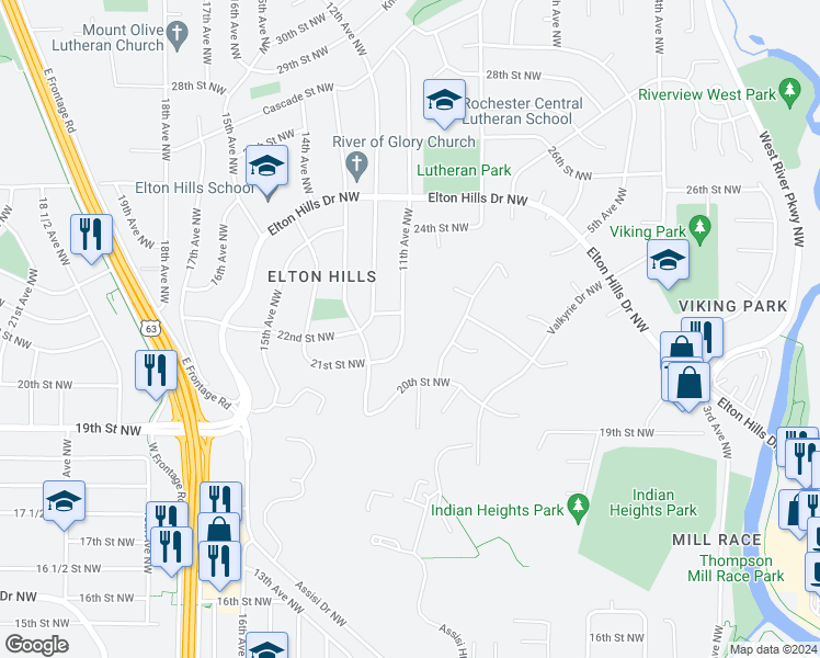 map of restaurants, bars, coffee shops, grocery stores, and more near 2204 11th Avenue Northwest in Rochester