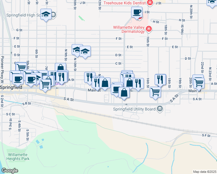 map of restaurants, bars, coffee shops, grocery stores, and more near 1259 Main Street in Springfield