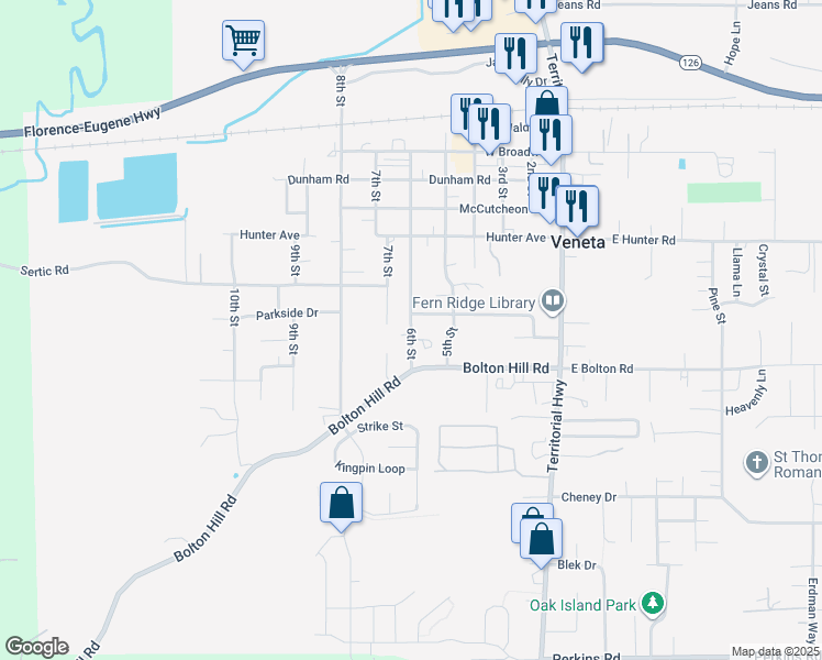 map of restaurants, bars, coffee shops, grocery stores, and more near 88012 6th Street in Veneta