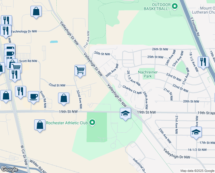 map of restaurants, bars, coffee shops, grocery stores, and more near Douglas Trail in Rochester