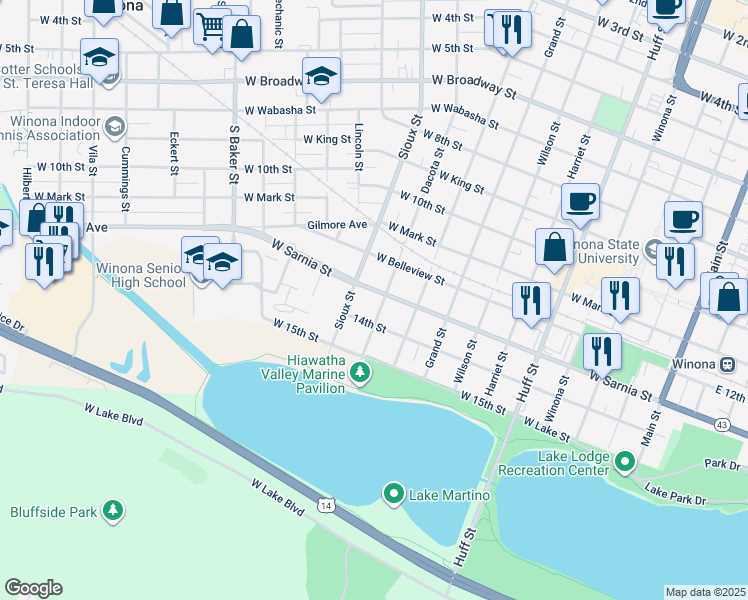 map of restaurants, bars, coffee shops, grocery stores, and more near 657 Dacota Street in Winona