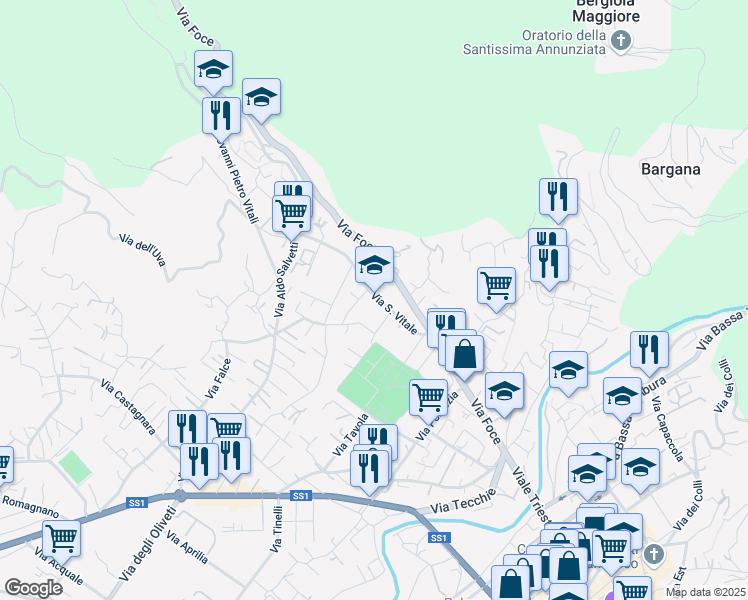 map of restaurants, bars, coffee shops, grocery stores, and more near 21 Via San Vitale in Massa