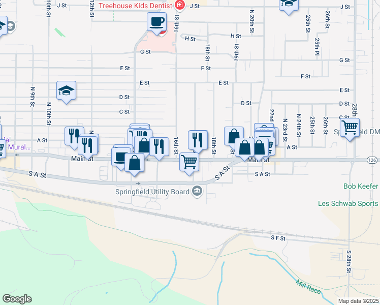 map of restaurants, bars, coffee shops, grocery stores, and more near 1710 Main Street in Springfield
