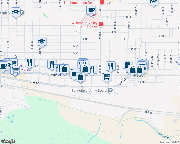 map of restaurants, bars, coffee shops, grocery stores, and more near 1526 Main Street in Springfield