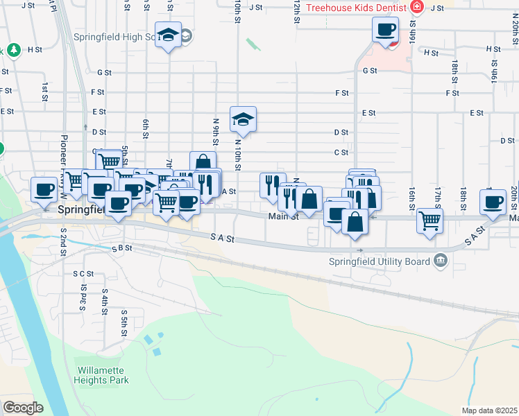 map of restaurants, bars, coffee shops, grocery stores, and more near 1124 Main Street in Springfield