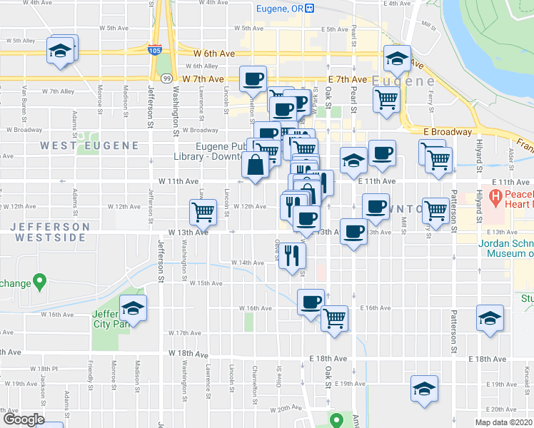 map of restaurants, bars, coffee shops, grocery stores, and more near 1298 Olive Street in Eugene
