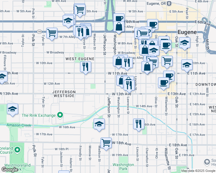 map of restaurants, bars, coffee shops, grocery stores, and more near 1259 Jefferson Street in Eugene