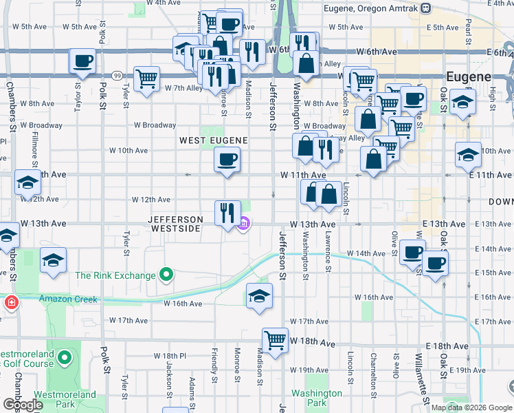 map of restaurants, bars, coffee shops, grocery stores, and more near 689 West 13th Avenue in Eugene