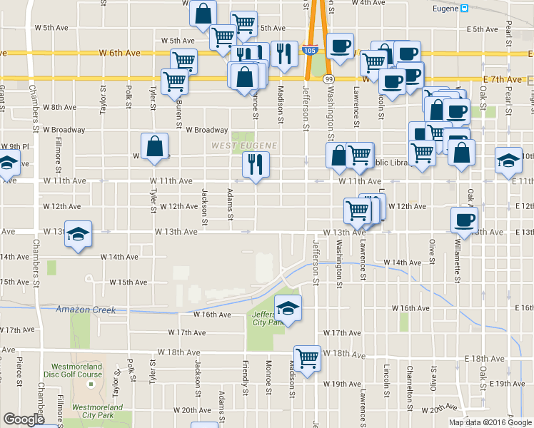 map of restaurants, bars, coffee shops, grocery stores, and more near 689 West 13th Avenue in Eugene