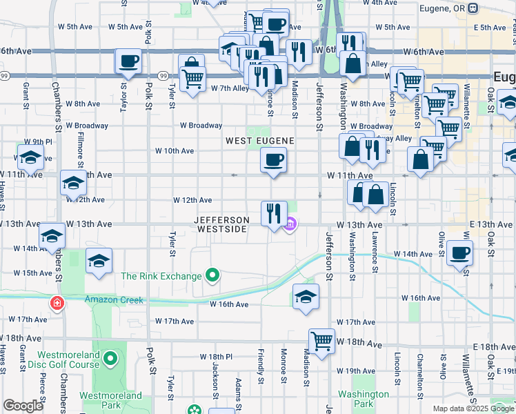 map of restaurants, bars, coffee shops, grocery stores, and more near 1260 Monroe Street in Eugene