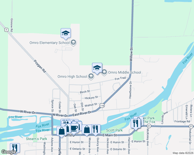 map of restaurants, bars, coffee shops, grocery stores, and more near 455 Fox Trail in Omro