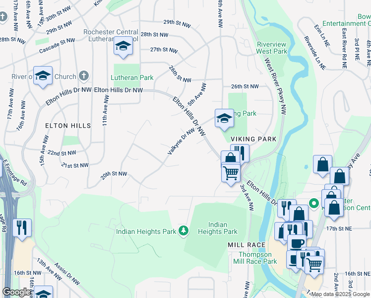 map of restaurants, bars, coffee shops, grocery stores, and more near 380 Norseman Court Northwest in Rochester