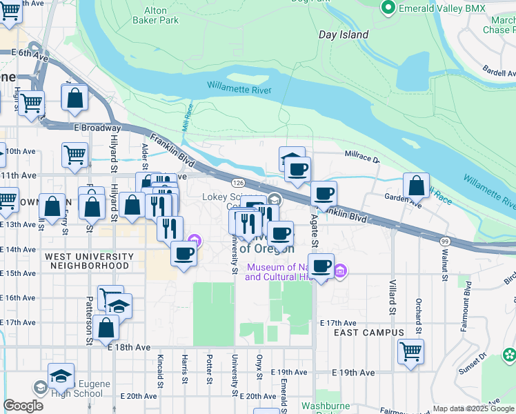map of restaurants, bars, coffee shops, grocery stores, and more near 1344 Franklin Boulevard in Eugene