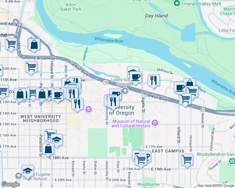 map of restaurants, bars, coffee shops, grocery stores, and more near 1344 Franklin Boulevard in Eugene