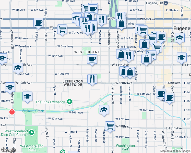 map of restaurants, bars, coffee shops, grocery stores, and more near 689 West 13th Avenue in Eugene