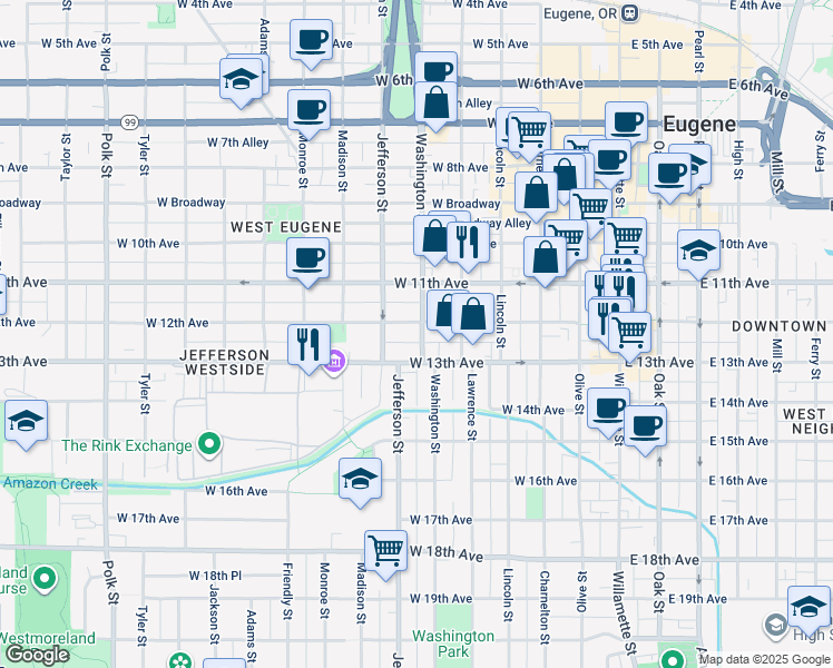 map of restaurants, bars, coffee shops, grocery stores, and more near 1226 Washington Street in Eugene